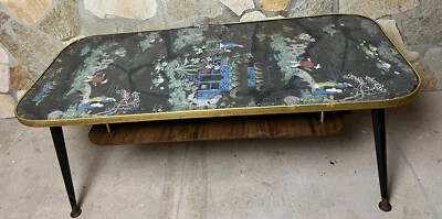 Vintage Midcentury Coffee Table Dansette Legs Glass Top Under Shelf Oriental - Image 1 of 4