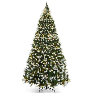 9 FT Pre-lit Snow Sprayed Christmas Tree Artificial Xmas Tree w/ LED Lights - Picture 1 of 10