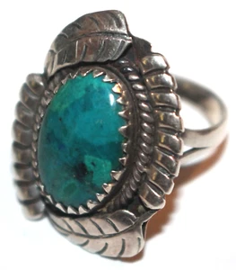 Vtg Native American Themed Turquoise Sterling Silver Ring 7.75 Feathers Jewelry - Picture 1 of 5