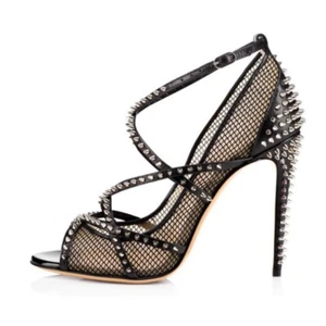 Womens High Heels Sandals Spikes Strappy Fishnet Summer Gladiator Peep Toe Shoes - Picture 1 of 10