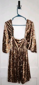 Size Small Storia Brown Floral Puff Sleeve Square Neck Babydoll Dress Velvet - Picture 1 of 5