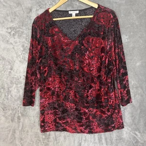 Dressbarn Top Womens 2X Red Black Velvet Burnout Goth Stretch - Picture 1 of 11