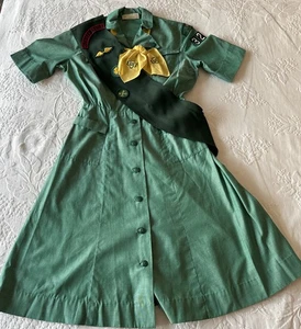 Vintage 1960s Junior Girl Scout Uniform Dress, Sash, Scarf, Badges - Picture 1 of 4