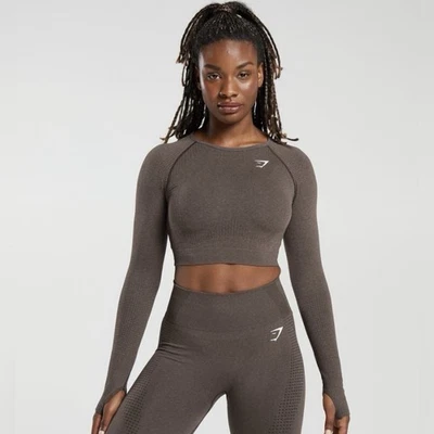 Nuevo con etiquetas Top corto Gymshark Vital Seamless 2.0 para mujer mediano marrón jaspeado Foto 1 de 4