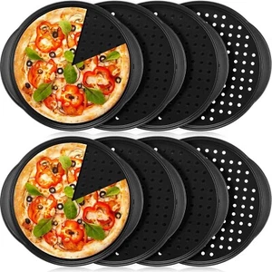 8er-Pack Kohlenstoffstahl Pizzapannen mit Löchern und Griff 14 Zoll Antihaftbeschichtetes Tablett - Bild 1 von 6