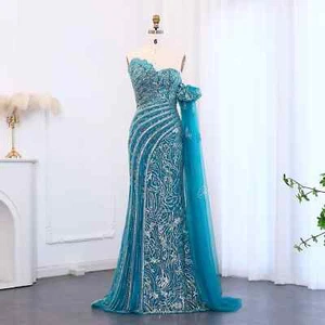 Luxury Arabic Evening Sexy Dress Cape Sleeve Green Elegant Women Wedding Gown - Picture 1 of 29