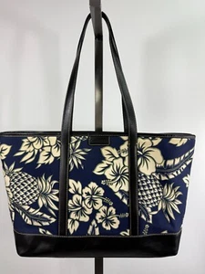 Cole Haan Blue White Tropical Leather Canvas Tote Shoulder Bag - Picture 1 of 7