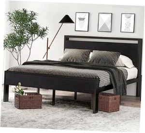 14 Inch Size Metal Platform Bed Frame with Wooden Headboard and Full Black Oak - Picture 1 of 7