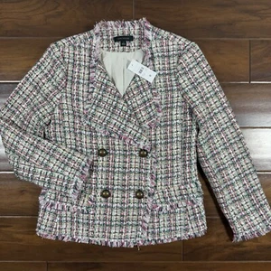 Ann Taylor Women's Size 0 Pink Green White Tweed Fringe Jacket Blazer - Picture 1 of 12