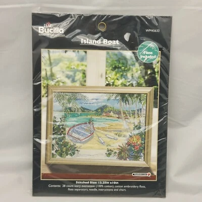 Plaid Bucilla Island Boat Cross Stitch Kit WM45633 Tropical Island Beach Scene - Image 1 of 3