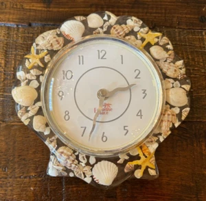Shell Shaped Lucite Clock Embedded Seashells WORKS wall hanging Paradise Place - Picture 1 of 3