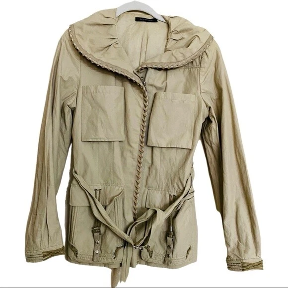 Elie Tahari Womens Tan Khaki Beige Leather Trim Utility Jacket Blazer Sz Small S - Image 1 of 4