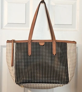 Fossil Sydney Black & White Polka Dot Tote Bag Vinyl w/ Leather Straps & Trim - Picture 1 of 17