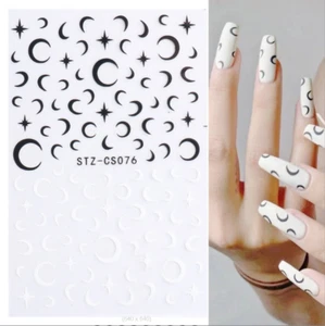 3D Nail Art Water Decals Transfer Stickers Black White Moon Star Design Tips NS7 - Picture 1 of 2