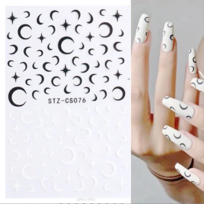 Calcomanías de agua para arte en uñas 3D pegatinas de transferencia puntas de diseño de estrella de luna blancas negras NS7 Foto 1 de 2
