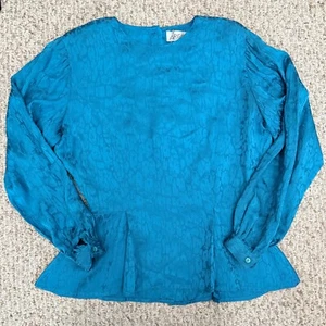 VTG Argenti Turquoise Silk Blouse Sz 8 Ocean Shoulder Pad Button Classic Elegant - Picture 1 of 12