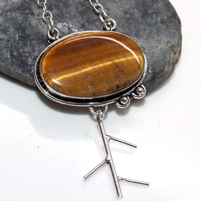 Collar de piedras preciosas premium enchapado en plata 925 con ojo de tigre hecho a mano 16" JW Foto 1 de 3