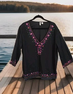 Neu mit Etikett $ 49 Vintage Bill Blass Damengröße 3X schwarz bestickt Boho Top Bluse Tunika - Bild 1 von 11