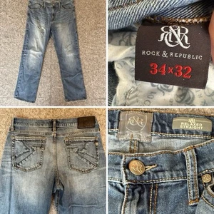 Rock & Republic Jeans Mens 34x32 Grady Relaxed Straight *Hole in pant leg* - Picture 1 of 22
