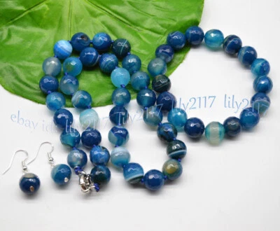 Pendientes pulsera collar cuentas redondas gema ágata a rayas azules facetadas 6/8/10/12 mm Foto 1 de 4