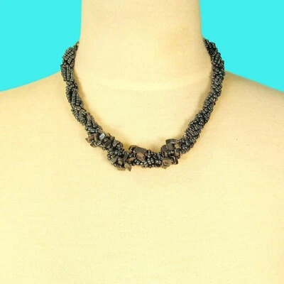 Collar distintivo de cuentas de semillas hechas a mano cadena cuerda trenzada color hematita de 16"  Foto 1 de 4