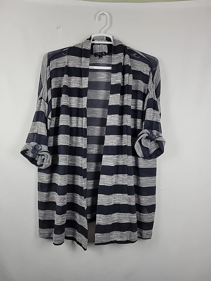 ONE A Navy Blue Gray Striped Roll Tab Sleeve Knit Cardigan Women's Plus 2X - Image 1 of 4