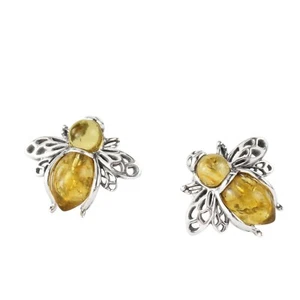 BALTIC AMBER LEMON BEE STUD EARRINGS STERLING SILVER BRAND NEW BOXED - Picture 1 of 4