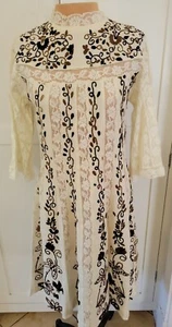 RARE Vintage 1970s Brown Mexican Hand Embroidered Lace Inset Dress - Picture 1 of 6