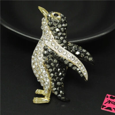 Black Bling Cute Penguin Rhinestone Fashion Women Charm Brooch Pin Gift - Image 1 of 4