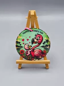 HAPPY MOTHER'S DAY FLAMINGO MOM WITH CHICK SPARKLING VINTAGE RERO STYLE ORNAMENT - Picture 1 of 2
