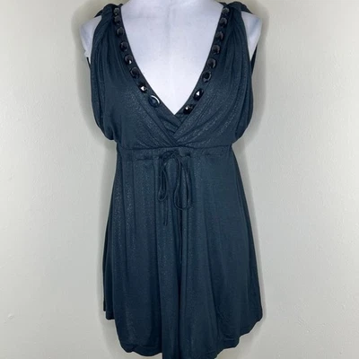 Vertigo Paris Mini Dress SM Jeweled Neck V-Neck Metallic Party Drawstring Black - Image 1 of 4