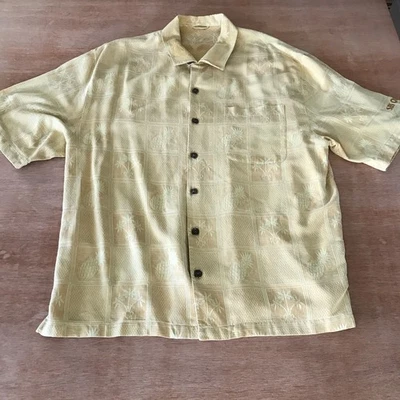 Montego Mon 100% Silk Shirt Men L Yellow Floral Pineapple Logo Button Up Pocket - Image 1 of 4