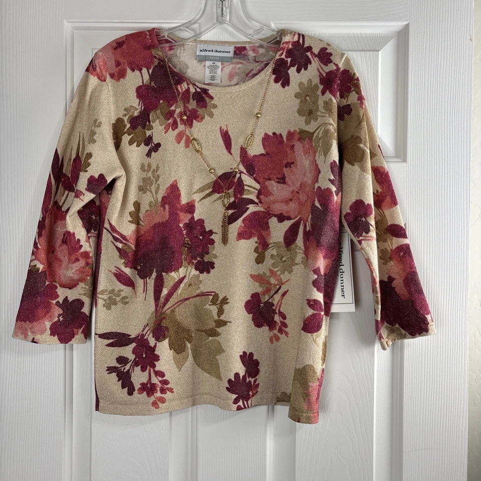 Alfred Dunner свитер миниатюрный женщин верхний размер PM ожерелье цветочный золотой отлива новый с Ярлыками - Изображение 1 из 4