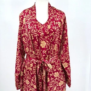 Talbots Intimates Silk Cranberry/Tan Floral Robe & Nightgown Size Medium Petite - Picture 1 of 13
