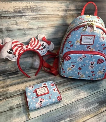 Loungefly Disney Snowman Mickey & Minnie Mouse Backpack + Ears Headband + Wallet - Image 1 of 4