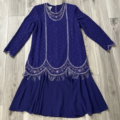 Vestido Vintage Jack Bryan Adornado Lentejuelas Floral Cuentas Púrpura Talla 18 Usado en Excelente Condición Foto 1 de 4