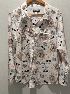 KARL LAGERFELD Paris Love Button Up Shirt All Over Print Womens Size LARGE White - Picture 1 of 9