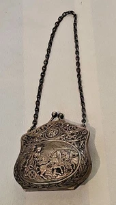 Ancien sac à main victorien char tiré par un cheval en argent massif avec chaîne en argent. - Photo 1/19
