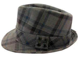 Peter Grimm Mens Fedora Hat Plaid Tartan Cotton Gray Brown Blue S/M Hipster Cap - Picture 1 of 10