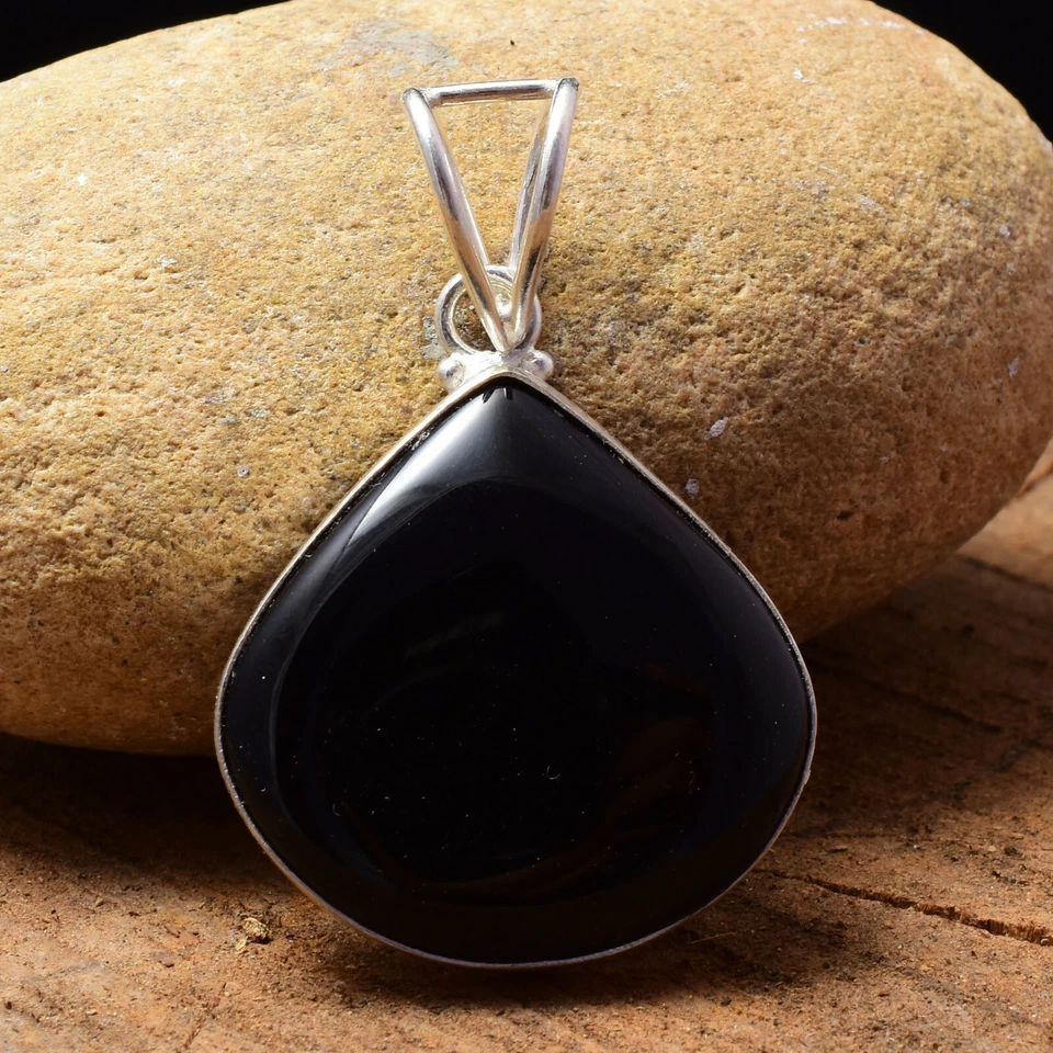 Pendente In Perla Di Onice Nero In Gemma In Argento Sterling 925 Fatto A Mano - Immagine 1 di 3