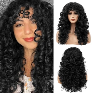 Black QUEENS CHOICE Wig long bouncy curl center natural part loose bangs woman - Picture 1 of 22