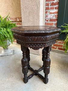 PETITE Antique French Octagon Center Side TABLE Side End Renaissance Carved Oak - Picture 1 of 20