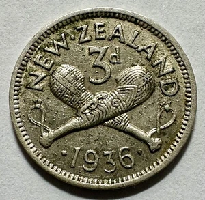 1936 New Zealand 3 Pence - .500 SILVER - George V - KM#1 - Low Mintage - Picture 1 of 2