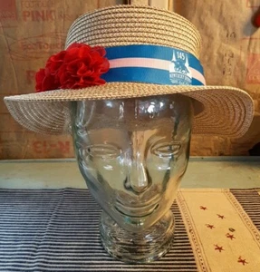 New Kentucky Derby Angry Orchard Derby Straw Hat with Ribbon & Red Flowers - Picture 1 of 6