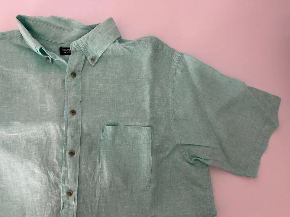 Roundtree & Yorke aqua blue 100% linen short sleeve button down shirt Men's 2XT - Image 1 of 2