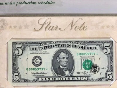 Billetes estrella de 5 dólares de la Reserva Federal 1993 con titulares originales BEP 2 billetes consecutivos Foto 1 de 3