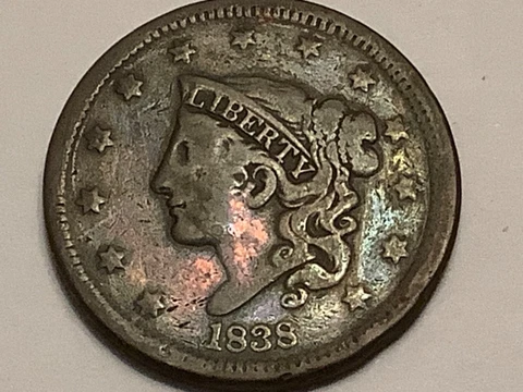 1838. Coronet Head Large Cent . 100% Copper Cover