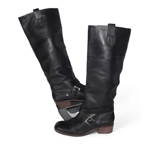 Pour La Victoire Knee High Buckle Leather Pull-on Boots Black Women's 7.5M - Picture 1 of 11
