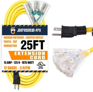 25 Foot Yellow Indoor Outdoor Extension Cord 3-Outlet 25ft feet 25' Long Power - Picture 1 of 7