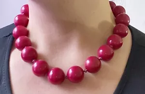 UNIQUE VINTAGE Large Red Bead Knotted Necklace w/ Gold Tone Ball Magnet Closure - Picture 1 of 12